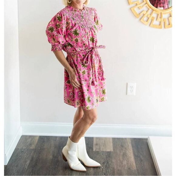 Olivia James Floral Pink Dress w smocking and buttons at neckline-size M- EUC - Picture 2 of 12